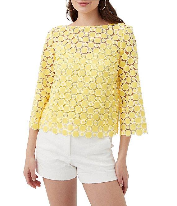 Trina Turk Sun Geometric Lace Boat Neck 3/4 Bell Sleeve Top Product Image