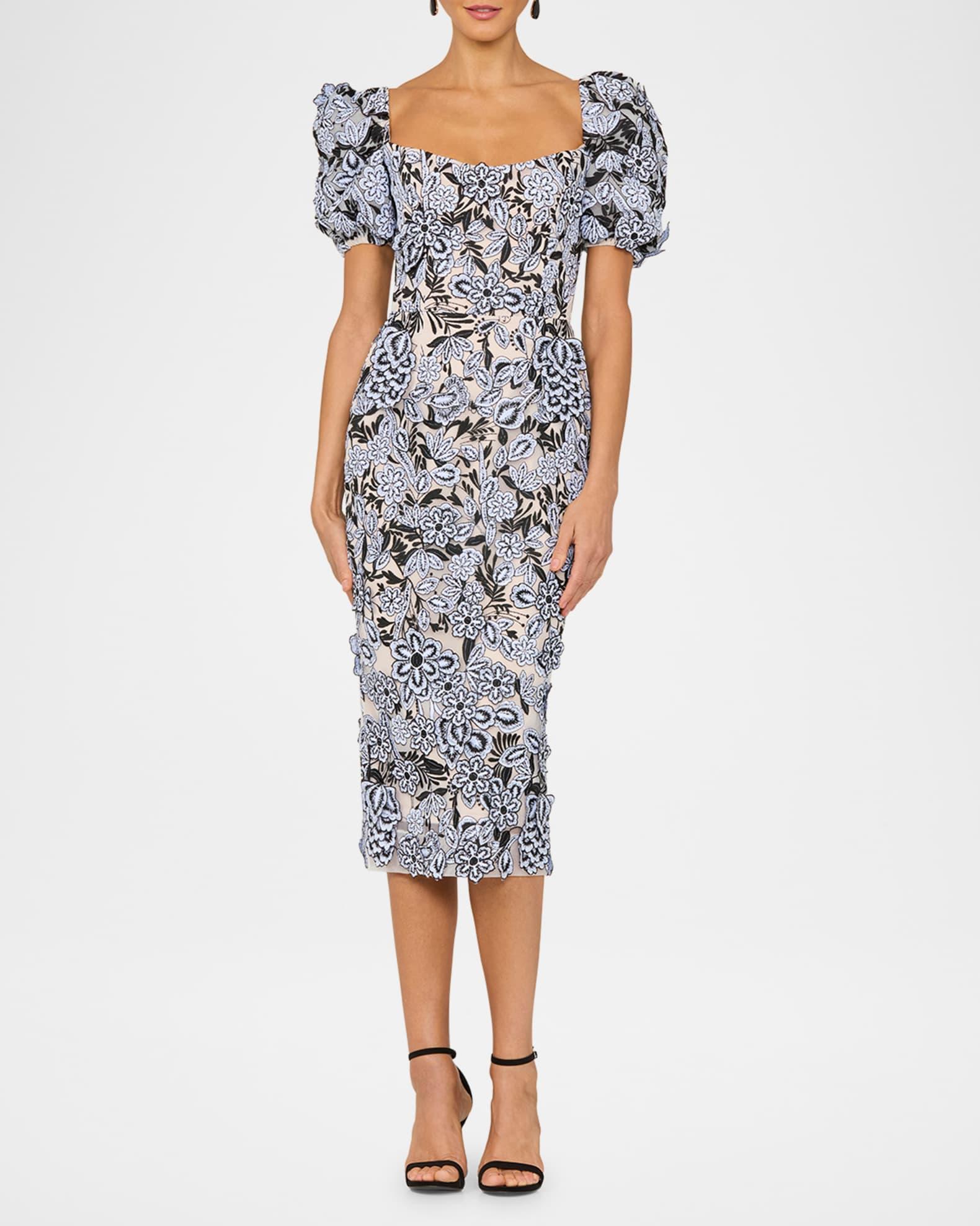 Exclusive Lucia Embroidered Puff-Sleeve Midi Dress Product Image