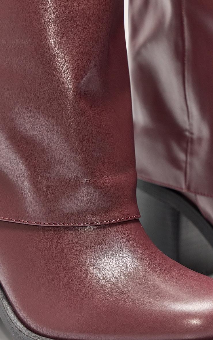 Burgundy PU Round Toe Fold Over Low Block Heeled Boots Product Image