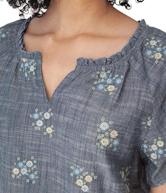Aventura Mariposa Organic Cotton Floral Embroidered Split Neck Short Sleeve Top Product Image