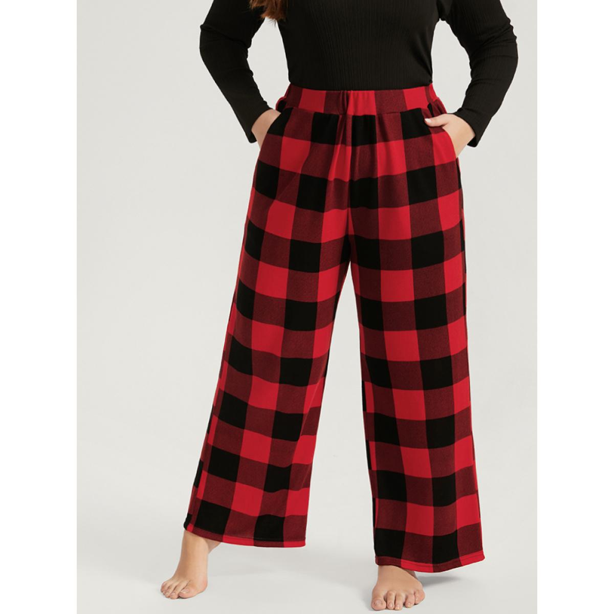 Plus Size Plaid Pocket Elastic Waist Wide Leg Pants Women Red Casual Mid Rise Dailywear Pants BloomChic 10/M Product Image