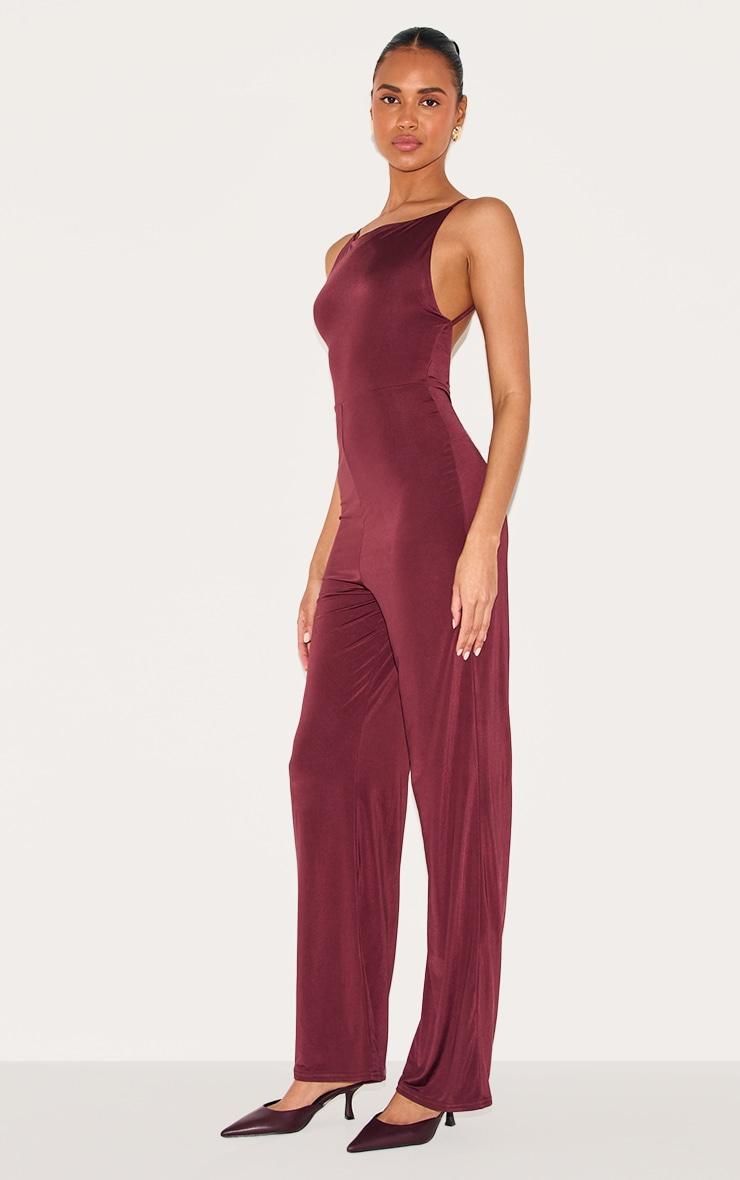 Wine Double Layer Slinky Low Back Strappy Wide Leg Jumpsuit Product Image