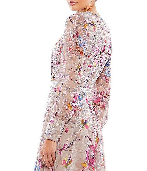 Mac Duggal Floral Print V-Neck Long Sleeve Midi Dress Product Image