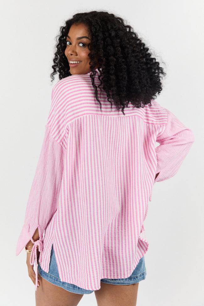 Daybreak Dreams Pink Gauze Multi Stripe Button Down Top FINAL SALE Product Image