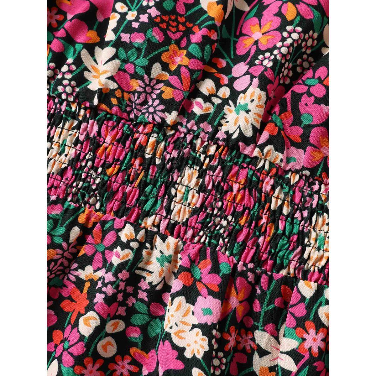 Plus Size Floral Print Shirred Waist Ruffled Midi Dress Peach Women Leisure V-neck Short sleeve Curvy BloomChic 14-16/1X Product Image