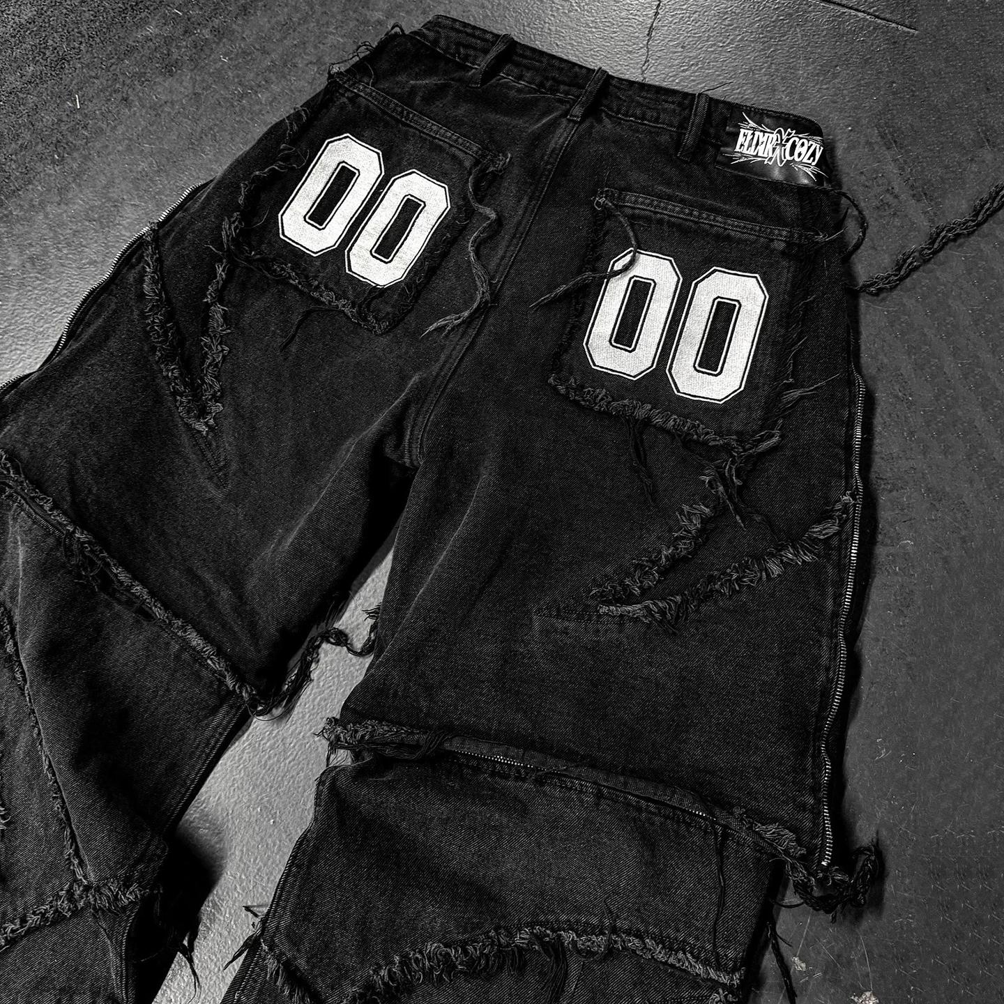 Hiphop Flame Distressed And Removable Denim Baggy Jeans Product Image