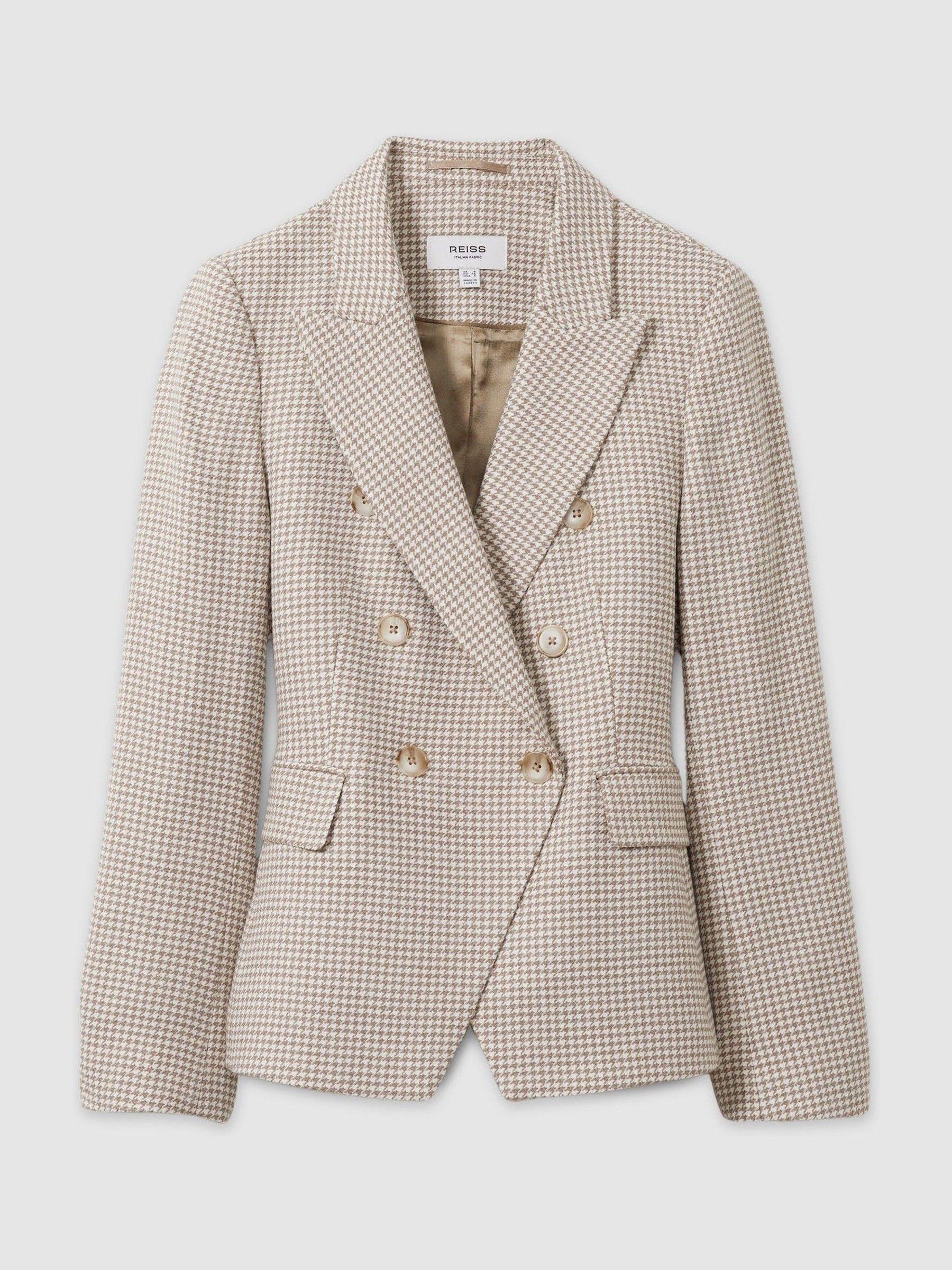 Wool-Blend Double-Breasted Dogtooth Blazer in Beige Check Product Image
