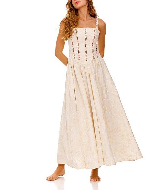 Agua Bendita Emerald Embroidered Square Neck Sleeveless Maxi Dress Product Image