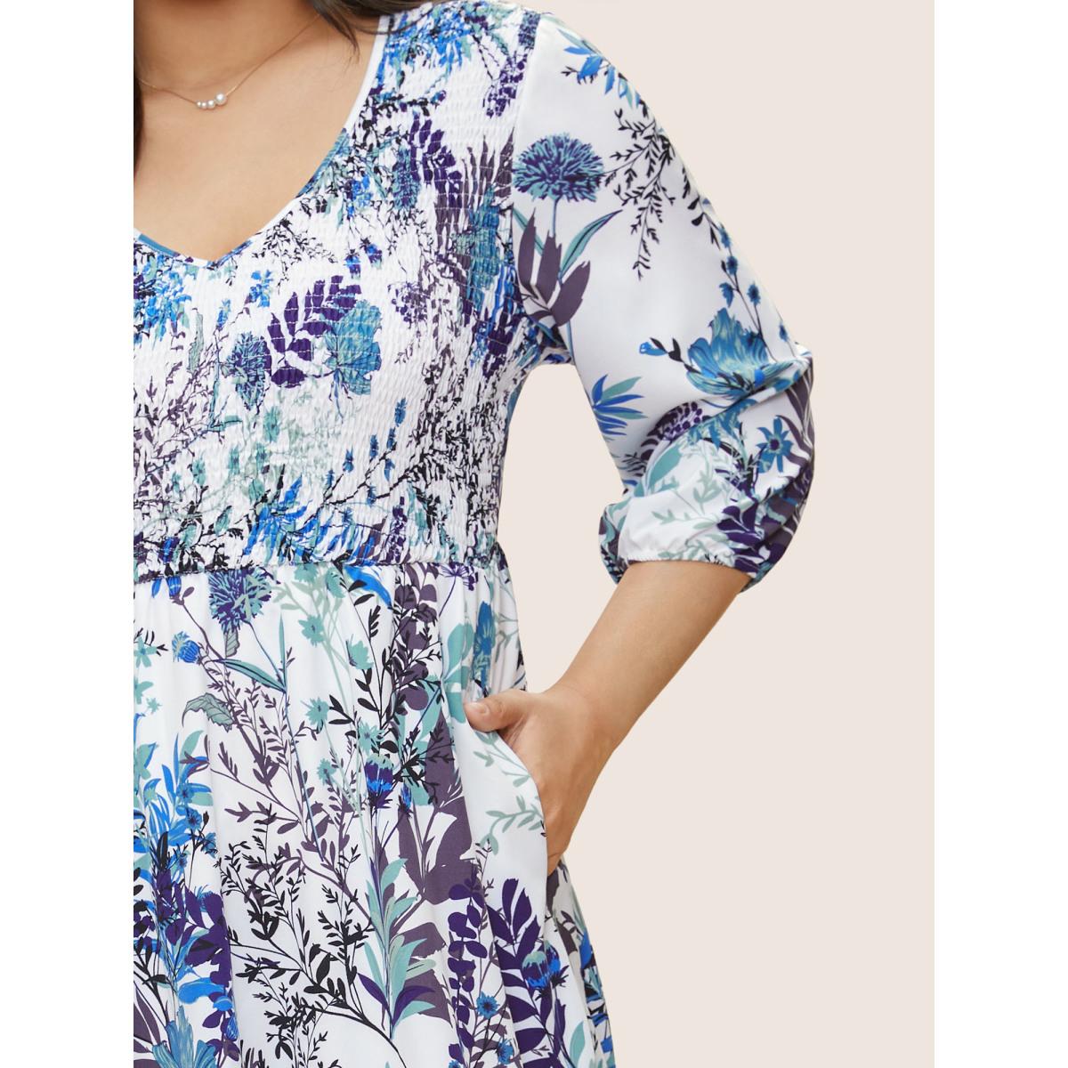 Plus Size Plants Print Shirred Elastic Waist Gathered Dress White Women Elegant Non V-neck Elbow-length sleeve Curvy Midi Dress BloomChic 18-20/2X Product Image