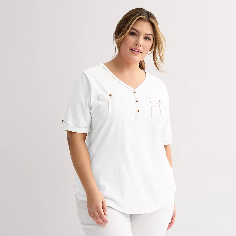 Plus Croft & Barrow Elbow Sleeve Utility Henley Top, Womens Product Image