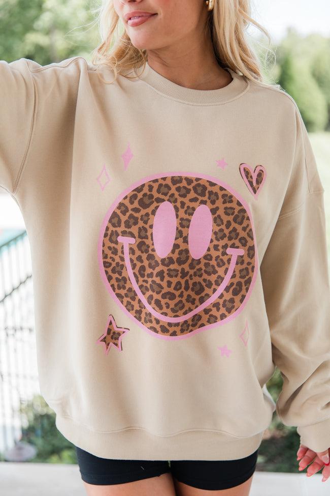Leopard Smiley Face Cream Graphic Sweatshirt Product Image