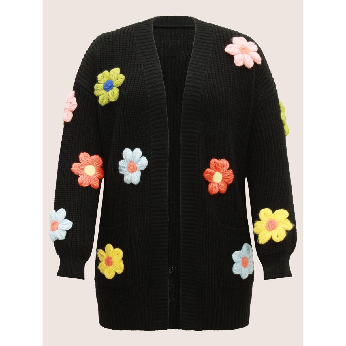 Plus Size Rainbow Floral Pocket Open Front Cardigan Black Women Playful Long Sleeve Casual Cardigans BloomChic 26/4X Product Image