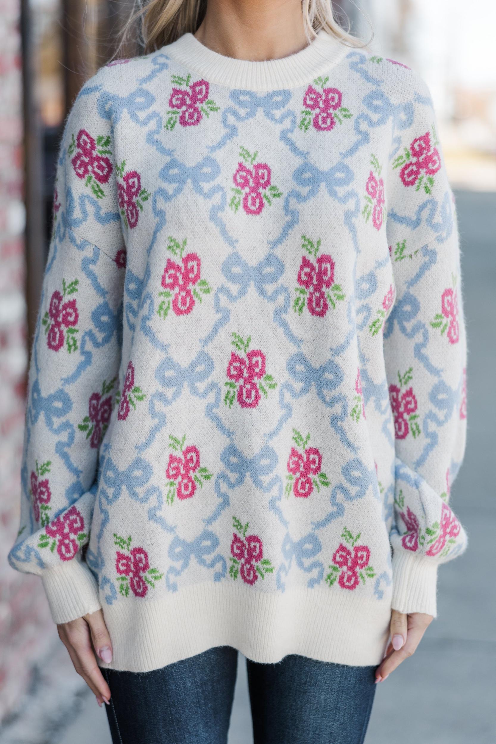 Work It Cream White Floral Sweater Female Product Image