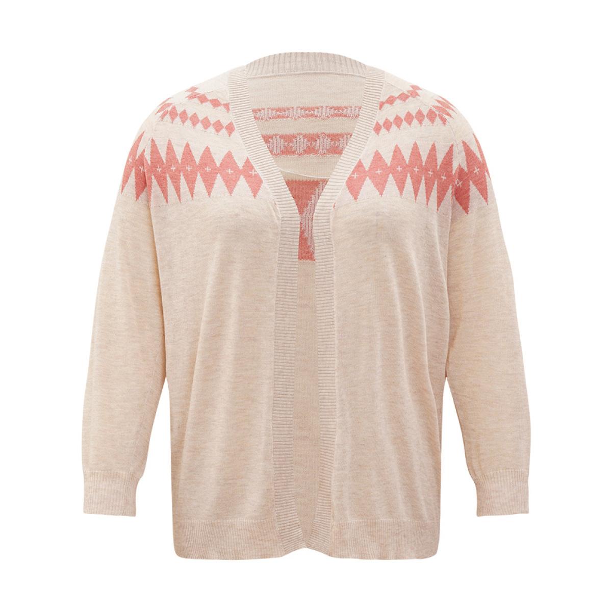 Plus Size Geometric Print Raglan Sleeve Open Front Cardigan Champagne Women Casual Loose Long Sleeve Everyday Cardigans BloomChic 10/M Product Image