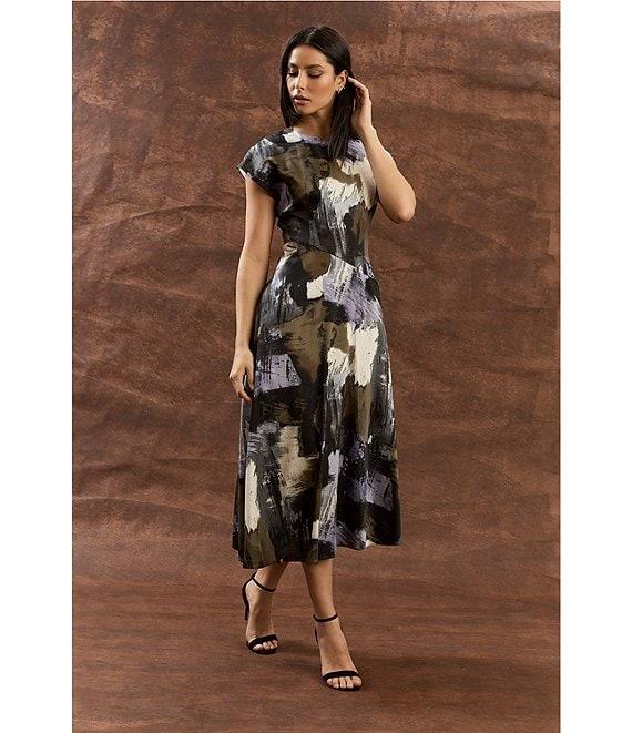 Maggy London Twill Paint Print Cap Sleeve Midi Dress Product Image
