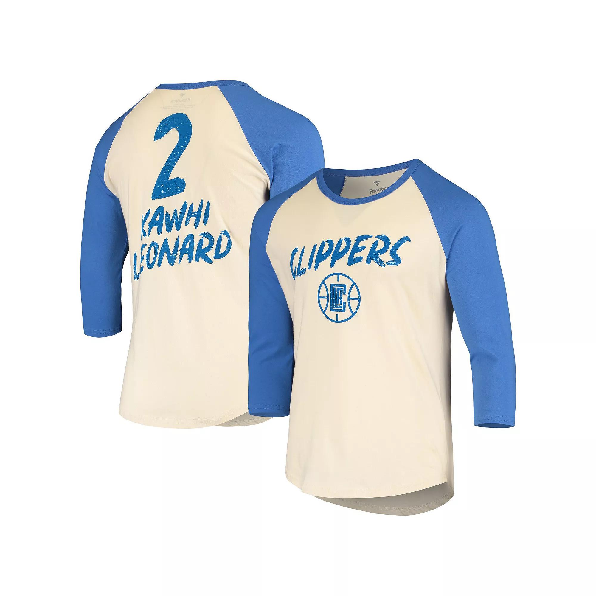 Men's Fanatics Branded Kawhi Leonard Cream/Royal LA Clippers Raglan 3/4 Sleeve T-Shirt, Size: 2XL, Beige Product Image