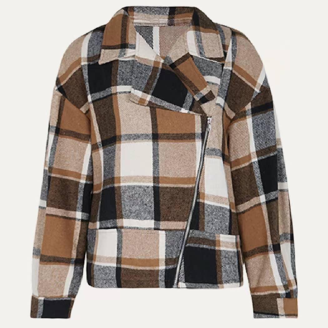 Chic Classic Plaid Collared Neck Asymmetrical Zipper Shacket Product Image