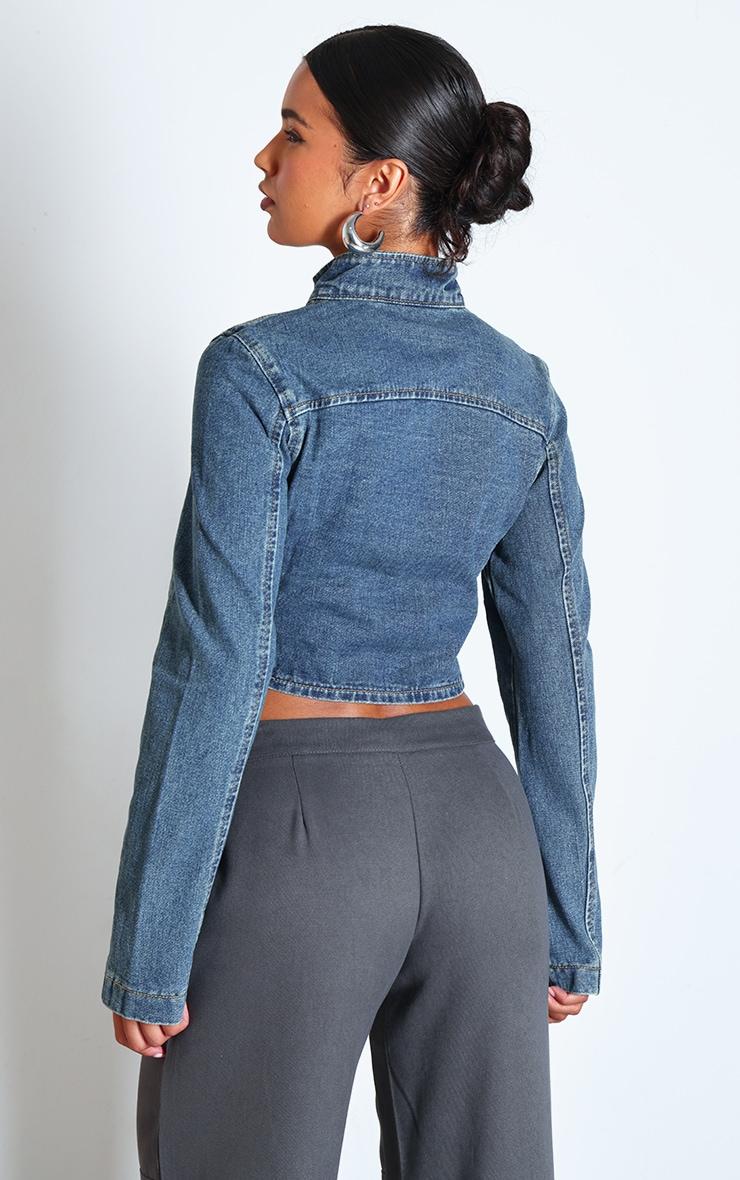 Indigo Vintage Wash Biker Detail Curved Hem Denim Jacket Product Image