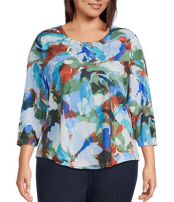 Allison Daley Plus Blue Artistry Painting Print Embellished 3/4 Ruched Sleeve Crew Neck Knit Top Product Image