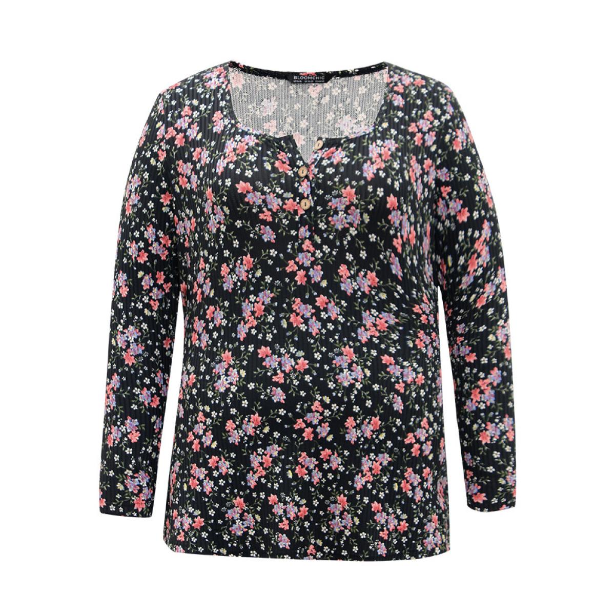 Plus Size Ditsy Floral Square Neck Button Up T-shirt Black Women Elegant Printed Ditsy Floral Square Neck Everyday T-shirts BloomChic 14-16/1X Product Image
