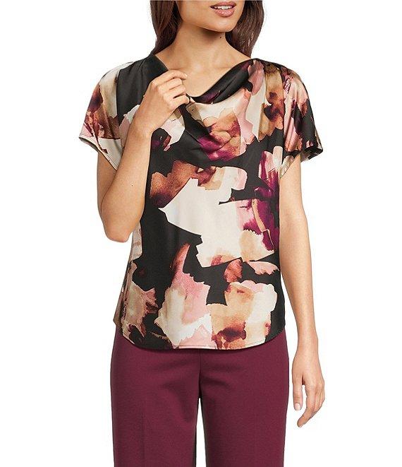 Anne Klein Drape Neck Short Sleeve Abstract Printed Satin Blouse Product Image