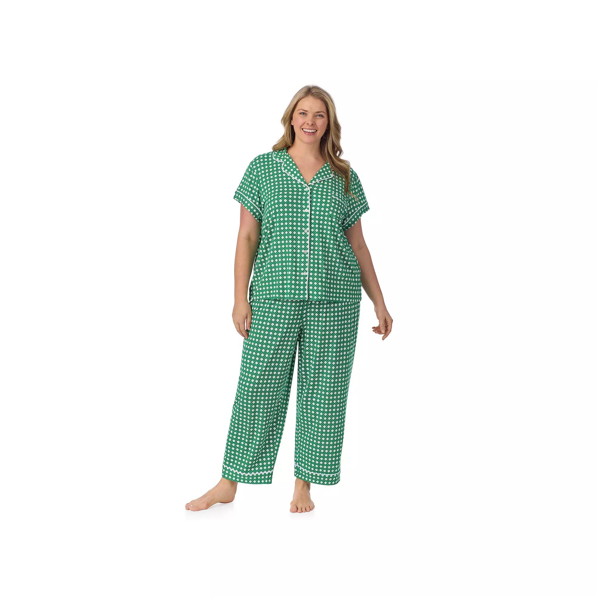 Plus Size Draper James 2-Piece Printed Cozy Short Sleeve Notch Collar Pajama Top & Pajama Pants Set, Women's, Size: 2XL, Spring Green Wicker Product Image