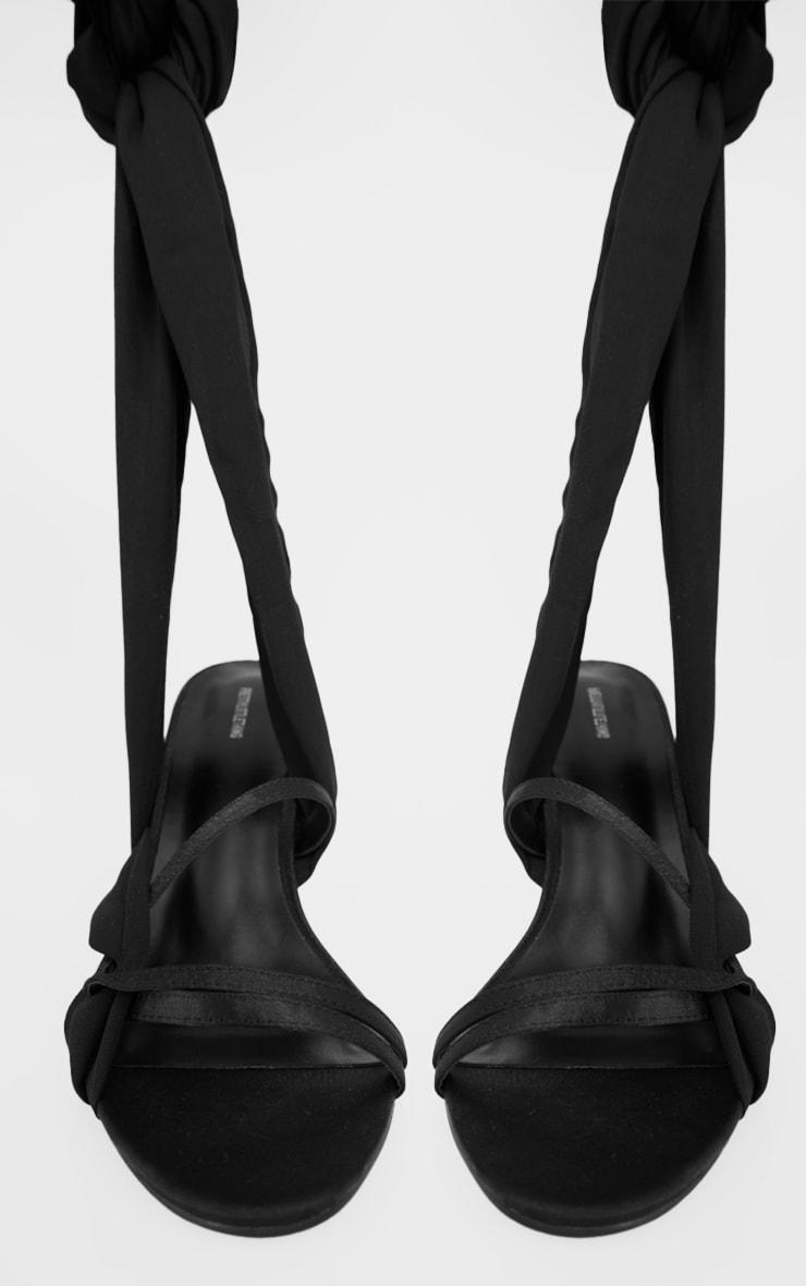 Black Satin Round Toe Lace Up Ribbon Heeled Sandals Product Image