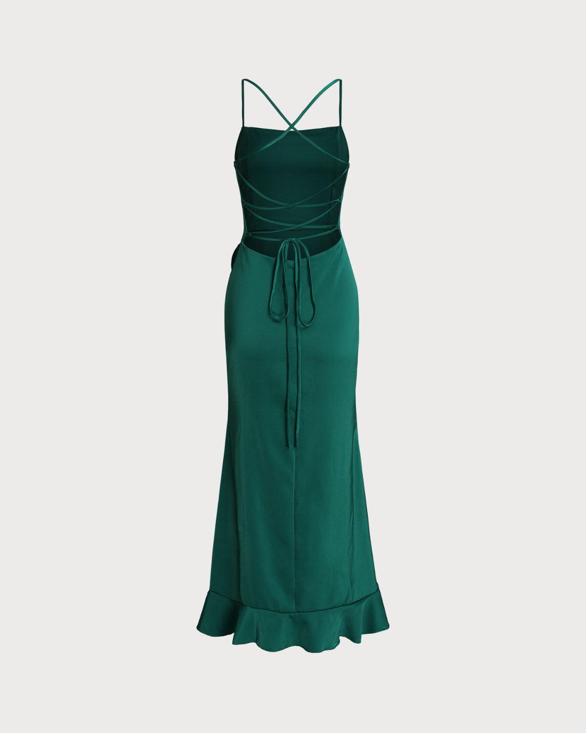 Green Ruffle Backless Slip Maxi Dress Product Image