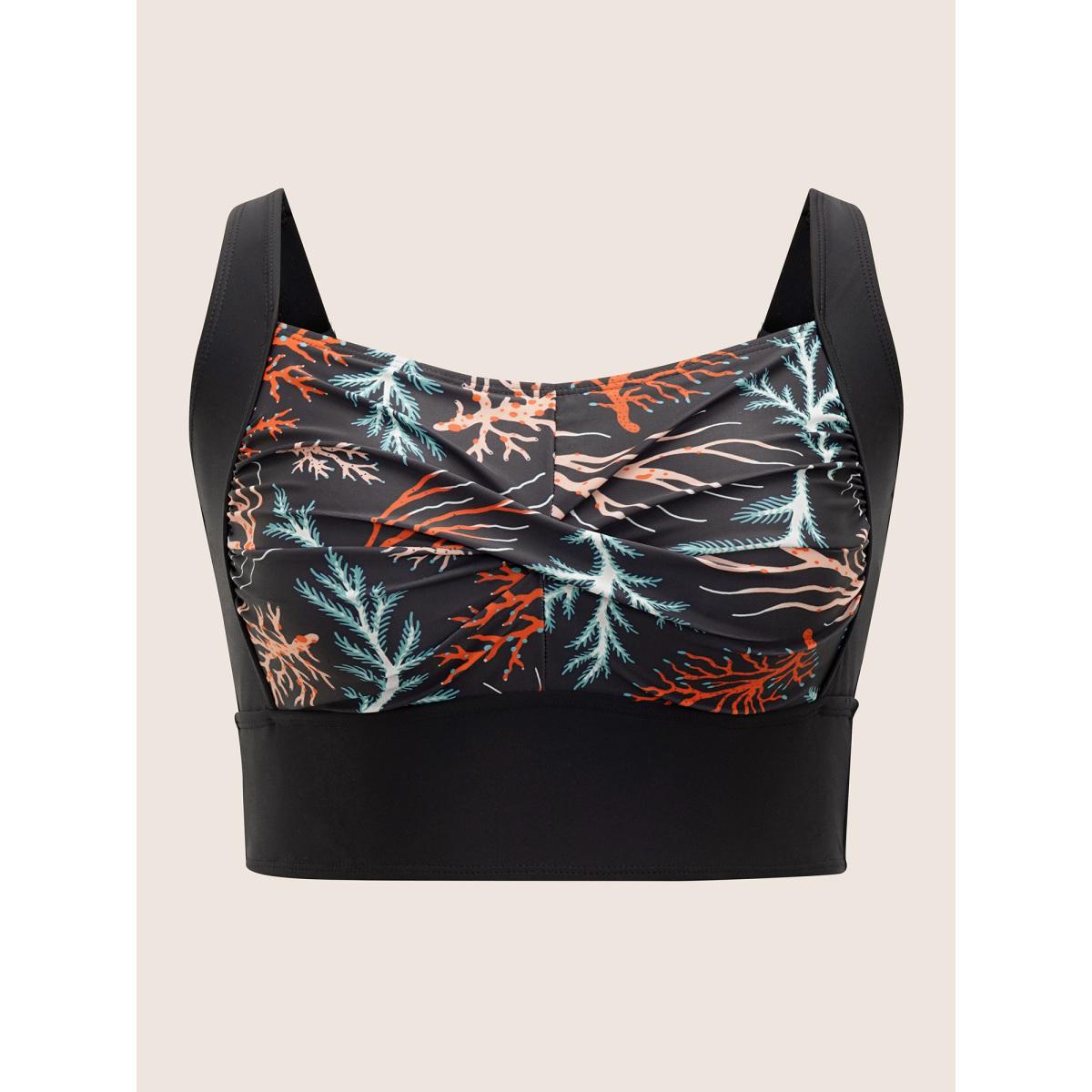 Plus Size Marine Elements Patchwork Twist Swim Top Women's Swimwear Black Beach Twist High stretch Skinny Heart neckline Curve Swim Tops BloomChic 26/4X Product Image