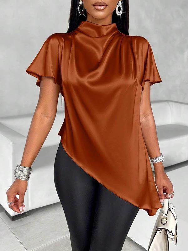 Loose Short Sleeves Asymmetric Solid Color Mock Neck Blouses&Shirts Tops Product Image