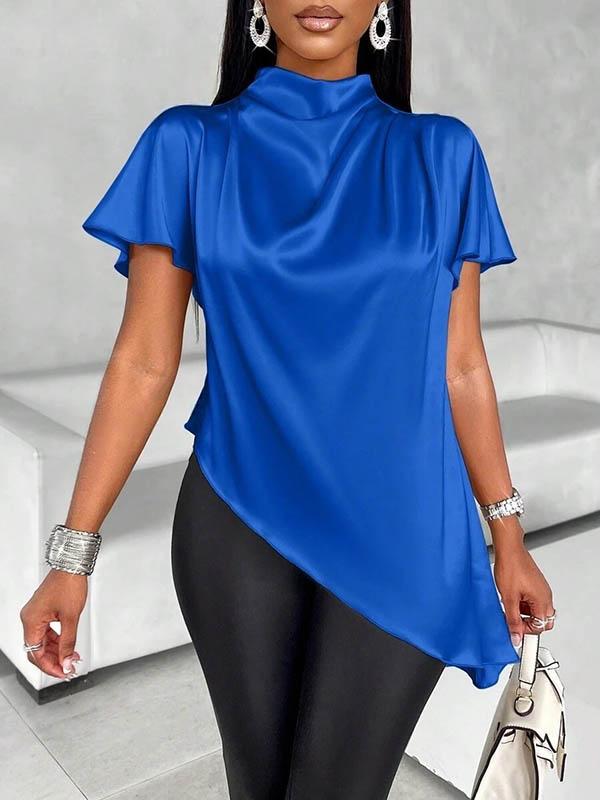 Loose Short Sleeves Asymmetric Solid Color Mock Neck Blouses&Shirts Tops Product Image