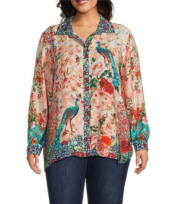 John Mark Plus Size Floral Multi Woven Point Collar Long Roll-Tab Sleeve Button Front Shirt Product Image