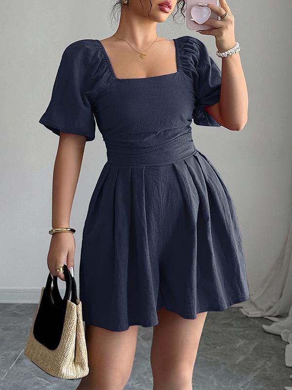 A-Line Half Sleeves Elasticity Pleated Solid Color Square-Neck Rompers Product Image