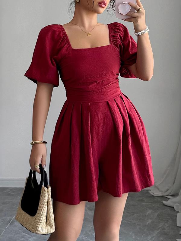 A-Line Half Sleeves Elasticity Pleated Solid Color Square-Neck Rompers Product Image