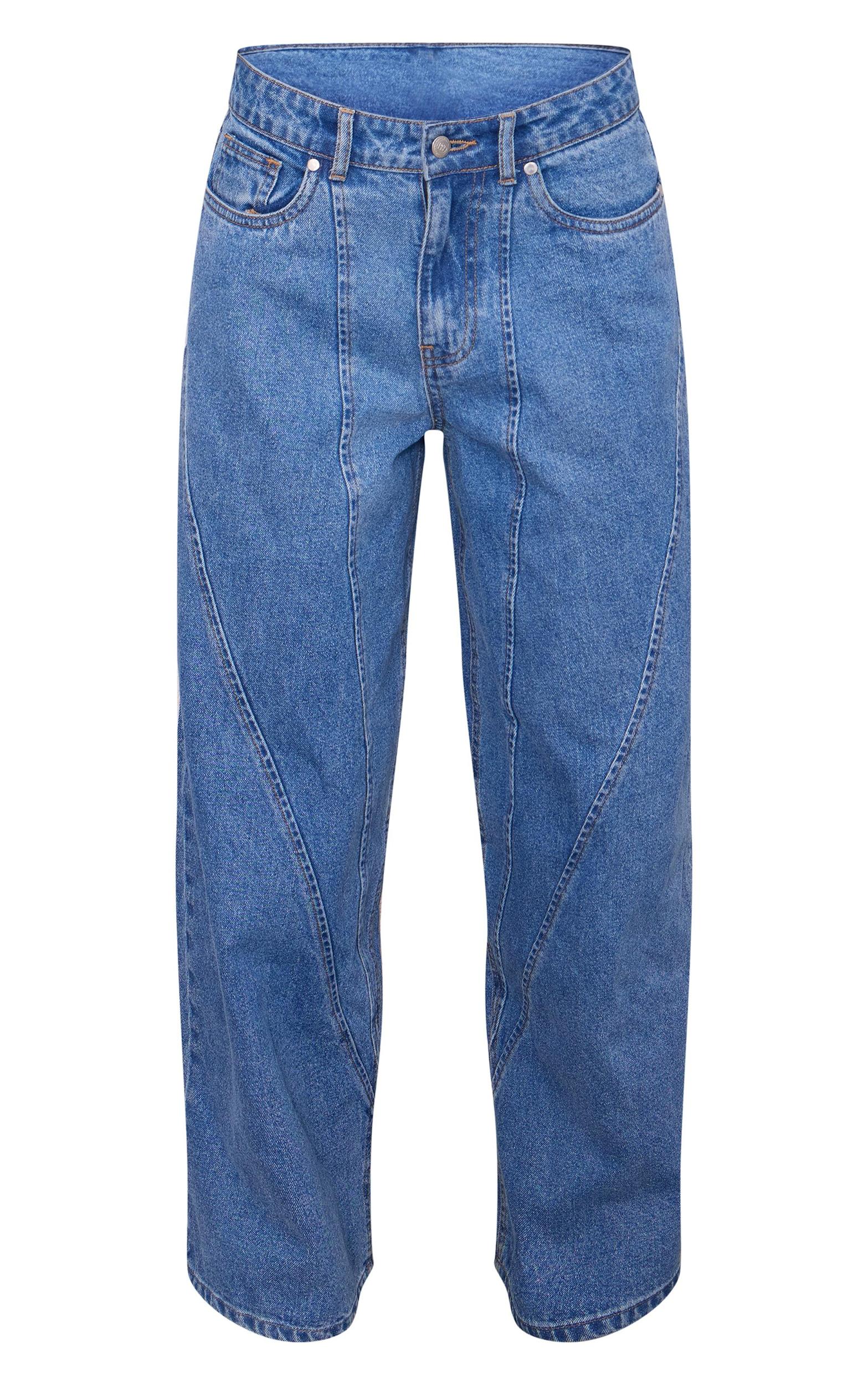 Mid Blue Wash Seam Detail Wide Leg Denim Jeans Product Image