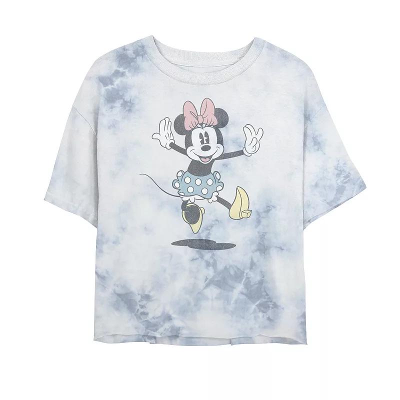 Juniors' Disney Mickey Jumping Minnie Bombard Wash Crop Graphic Tee, Women's, Size: Large, White Blue Product Image