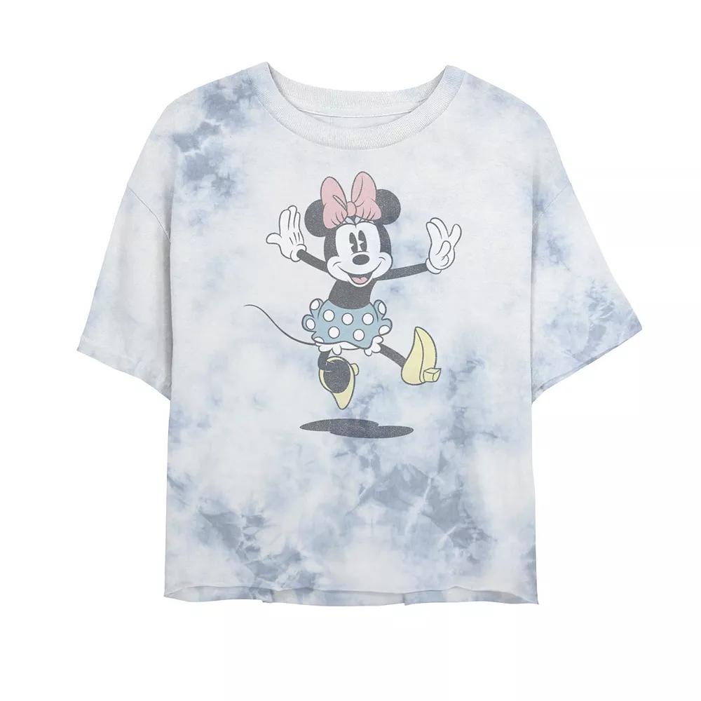 Juniors' Disney Mickey Jumping Minnie Bombard Wash Crop Graphic Tee, Women's, Size: Large, White Blue Product Image