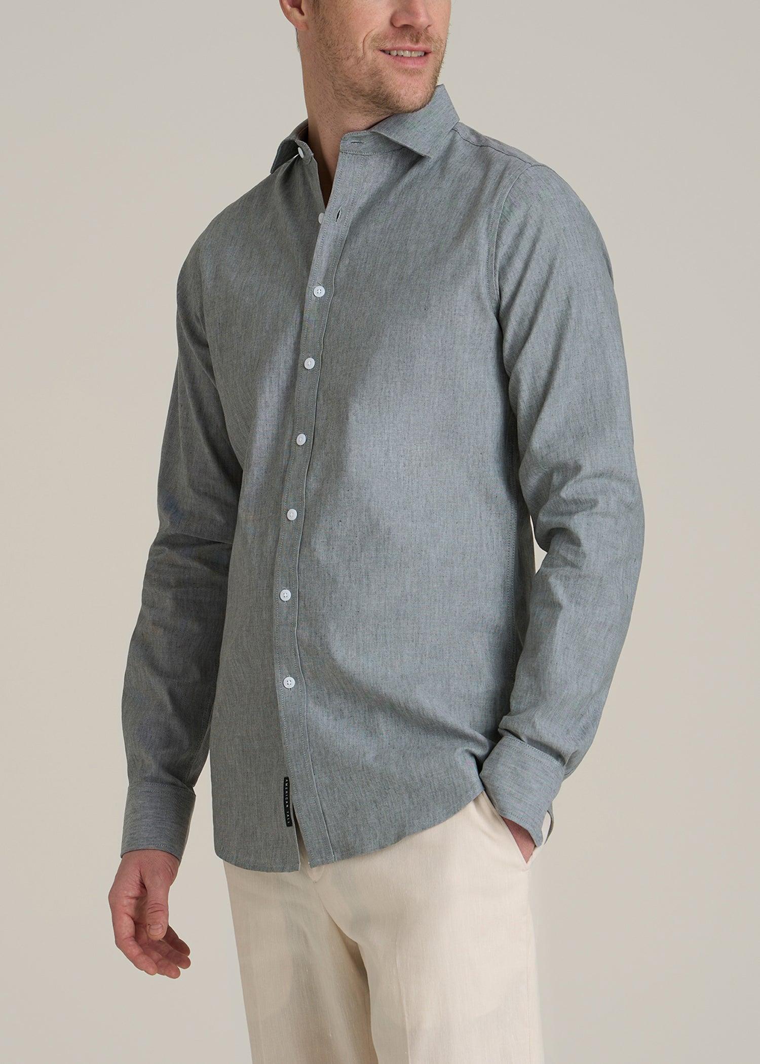 Stretch Linen Dress Shirt for Tall Men in Evergreen Mix Male Product Image