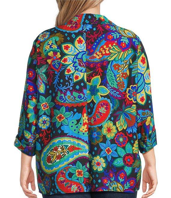 Ali Miles Plus Size Woven Paisley Floral Multi Print Collared V-Neck 3/4 Sleeve Tunic Product Image