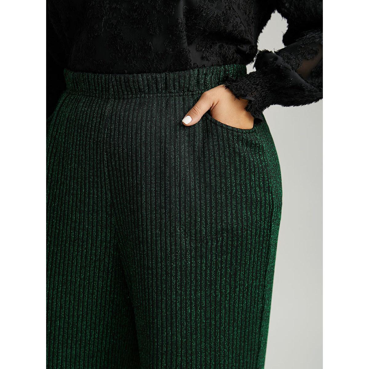 Plus Size Plain Texture Luxe Elastic Waist Straight Leg Pants Women Green Glamour Straight Leg High Rise Festival-Christmas Pants BloomChic 30/6X Product Image