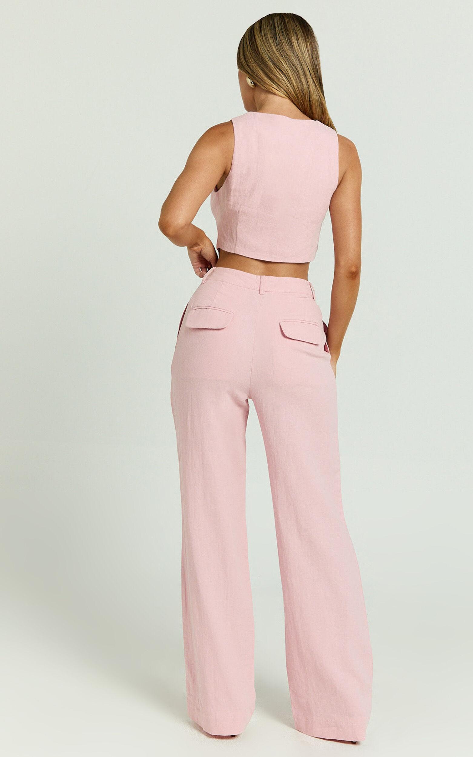 Bree Pants - Linen Mid Rise Relaxed Straight Leg Tailored Trousers in Light Pink Product Image