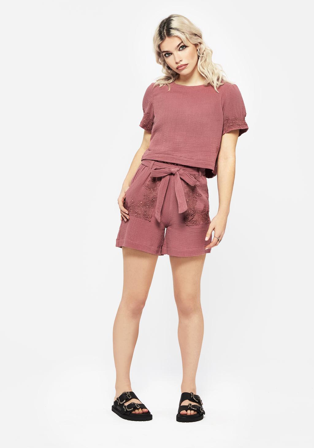 Rosamoth Applique Trim Cotton Short Sleeve Top Product Image