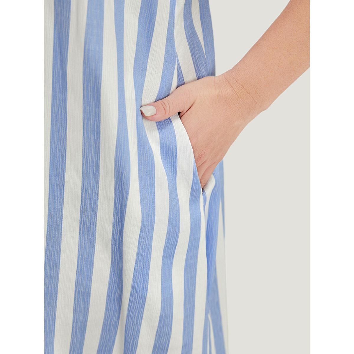 Plus Size Striped Print Ruffles Layered Cap Sleeve Button Up Dress LightBlue Women Office Contrast Lapel Collar Cap Sleeve Curvy Knee Dress BloomChic 12/L Product Image