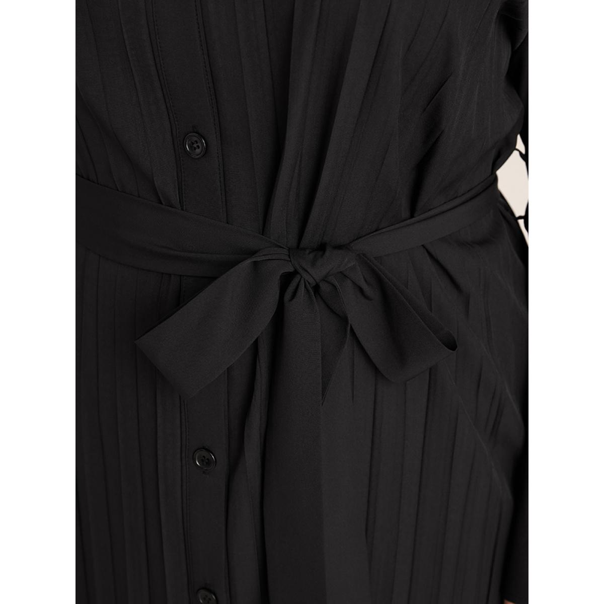 Plus Size Solid Belted Pleated Shirt Collar Dress Black Women Office Belted Shirt collar Long Sleeve Curvy Midi Dress BloomChic 18-20/2X Product Image