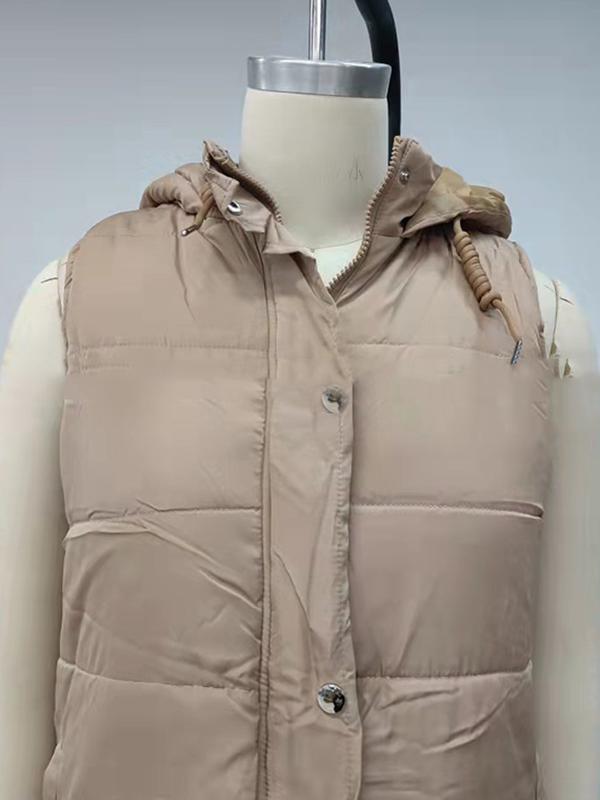 Hooded Sleeveless Buttoned Drawstring Keep Warm Solid Color Split-Joint Zipper Padded Coat Vest Outerwear Product Image