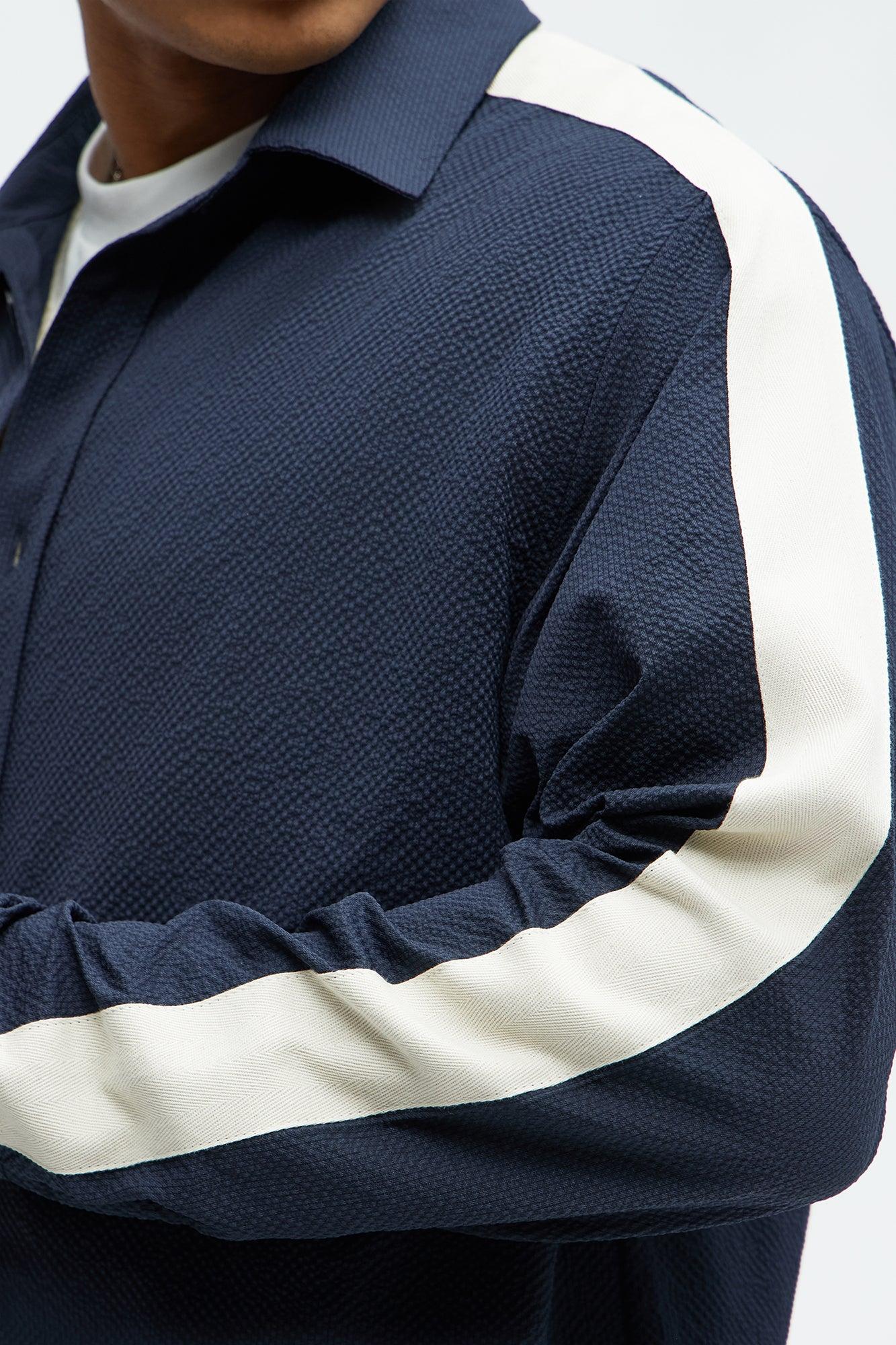 Crinkle Texture Taped Button Up - Navy Product Image