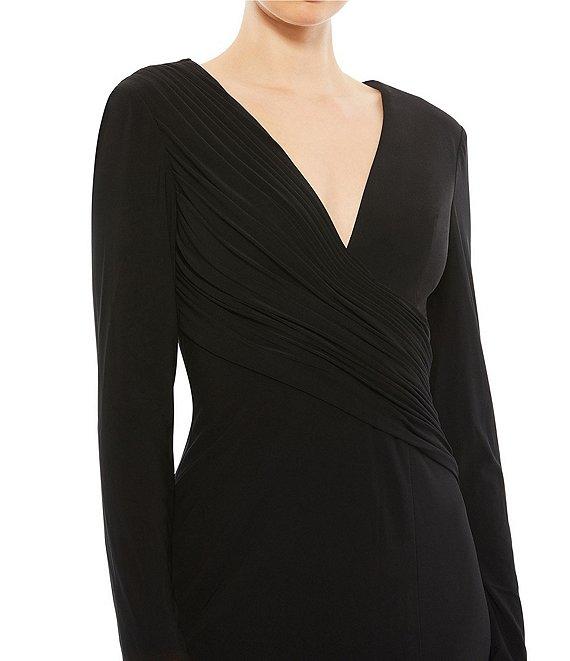 Mac Duggal Jersey Asymmetrical Ruched V-Neck Long Sleeve Thigh High Slit Sheath Gown Product Image