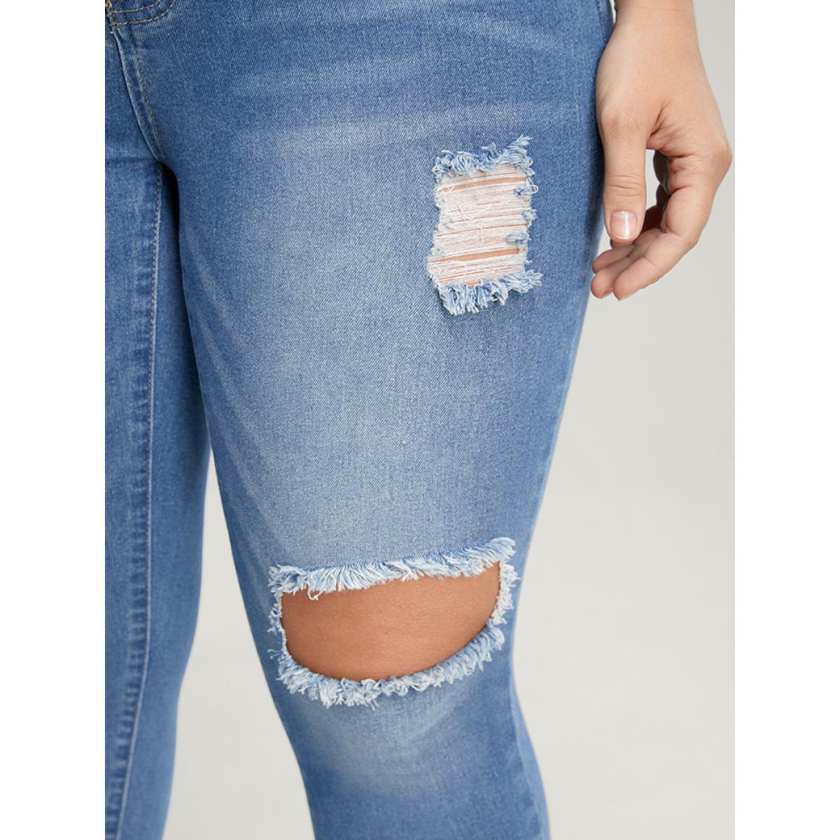 Plus Size Skinny Very Stretchy High Rise Medium Wash Distressed Jeans Women LightBlue Casual Plain High stretch Pocket Jeans BloomChic 14/1X Product Image