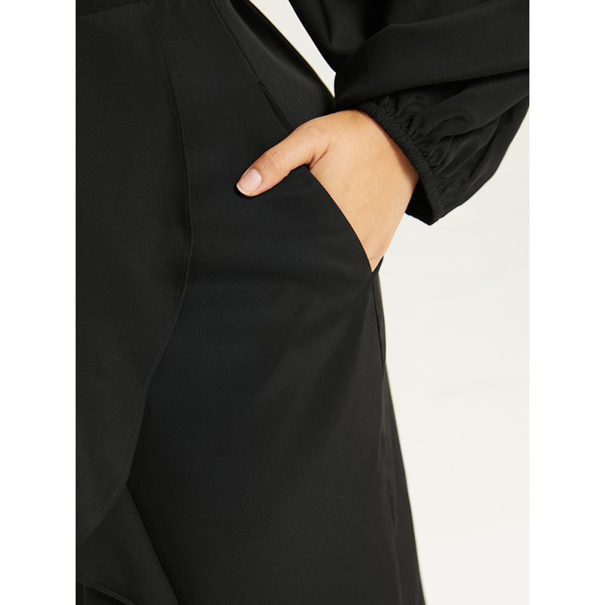 Plus Size Anti-Wrinkle Square Neck Ruffle Trim Wrap Hem Dress Black Women Glamour Elastic cuffs Square Neck Long Sleeve Curvy Midi Dress BloomChic 30/6X Product Image