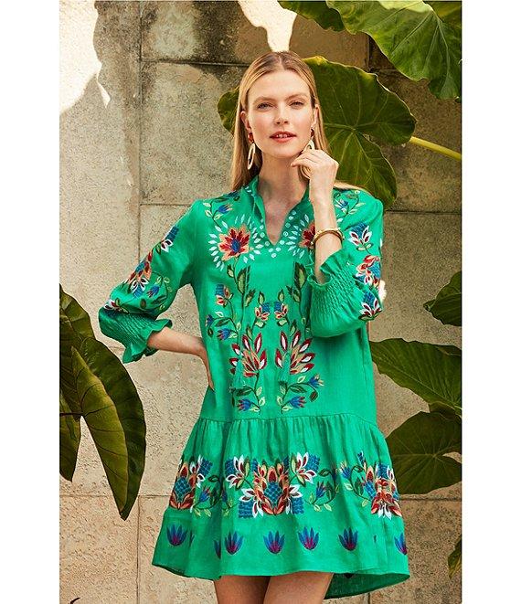 tyler boe Niki Linen Split V-Neck Tassel Tie 3/4 Sleeve Embroidered Dress Product Image